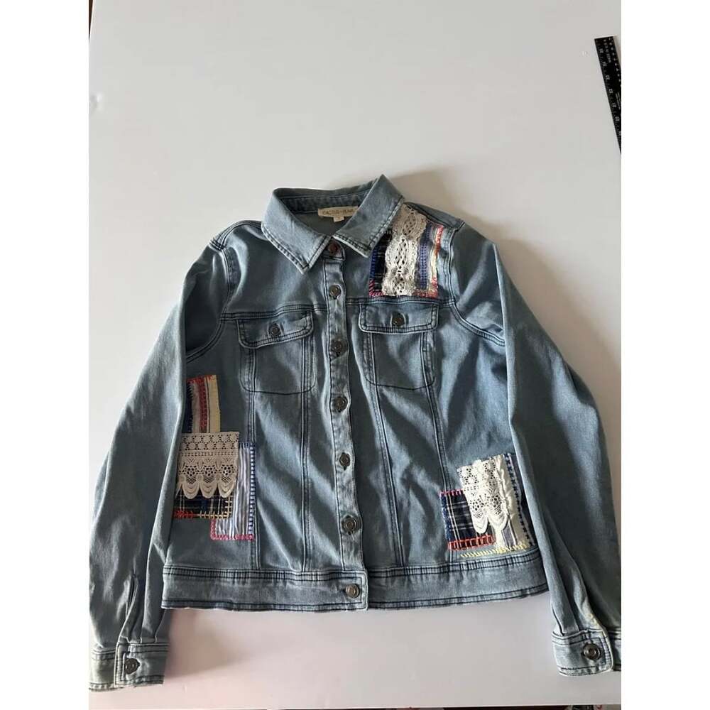 Cactus + Pearl Denim Jacket Size S Blue Lace Patchwork
